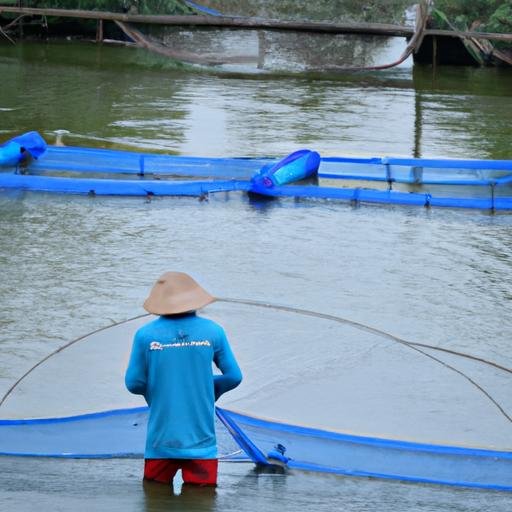 Người nông dân chăm sóc trại cá của mình trong một trong những lồng nuôi cá tại Phú Thuận B