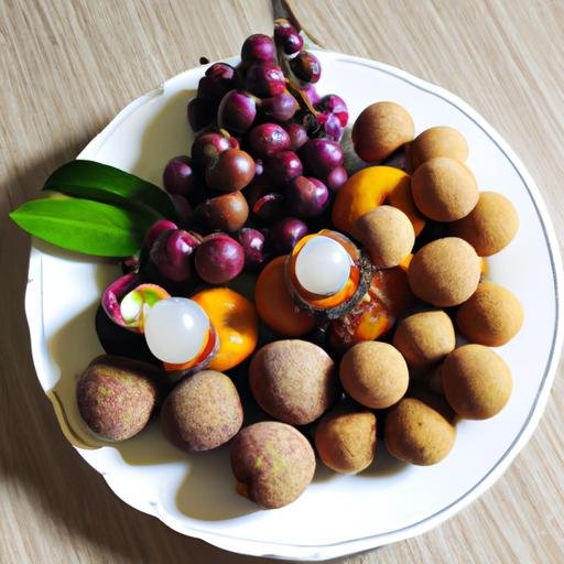 Một đĩa các loại trái cây nhiệt đới bao gồm nhãn tím đồng tháp