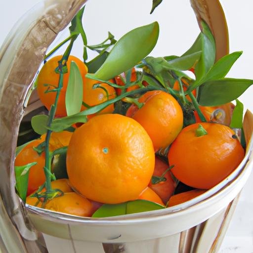 Rổ quýt clementine chien chứa đầy trái cây vừa mới được hái cùng với những nhánh và lá cây còn liên kết.