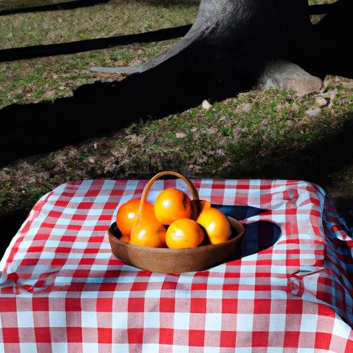 Rổ quýt clementine chien được sắp đặt lên nền vải kẻ sọc dưới bóng một cái cây.