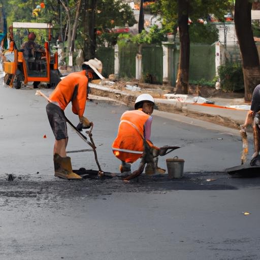 Công nhân sửa chữa đường trên Hương Lộ 2