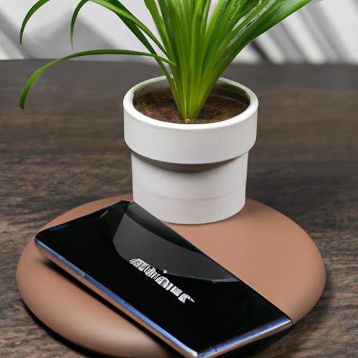 Samsung S6 đặt trên đế sạc không dây với cây nhỏ bên cạnh
