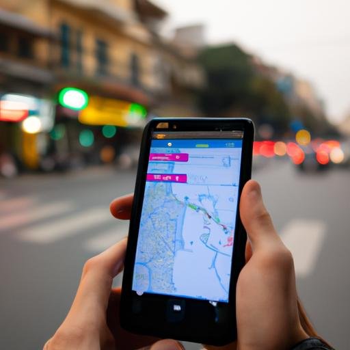 Người dùng iPhone XS sử dụng GPS để điều hướng trên đường phố Hà Nội nhộn nhịp
