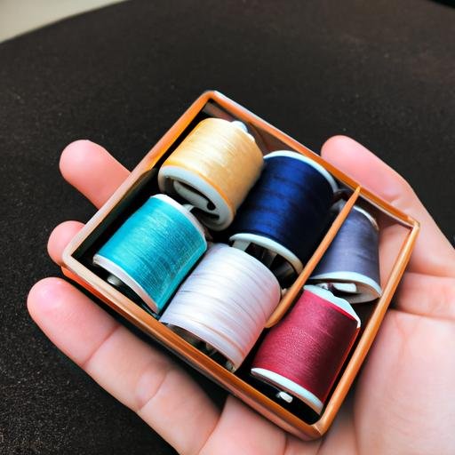 Một bàn tay cầm hộp mini chứa đựng những sợi chỉ may đầy màu sắc.