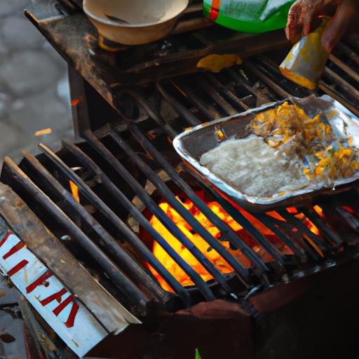 Một tiểu thương đường phố chuyên nghiệp đang chuẩn bị cơm tấm Kiều Giang Long Thành trên một chiếc lò nóng hổi.