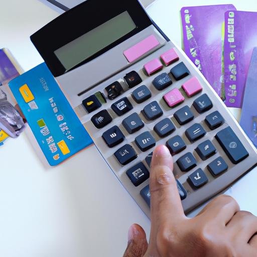 Một bàn tay cầm thẻ tín dụng và máy tính, tính toán các chi phí và khoản thanh toán hàng tháng.