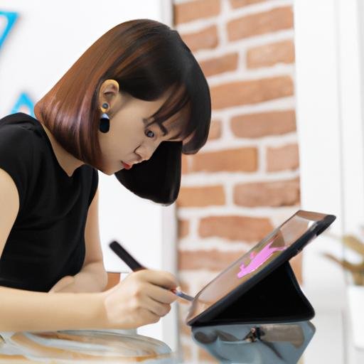 Một nhà thiết kế đồ họa đang sử dụng một máy tính bảng và bút để vẽ một logo trong một studio nghệ thuật ở Bắc Ninh