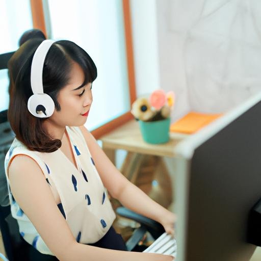 Một nữ lập trình viên đang đeo tai nghe và gõ bàn phím tại bàn làm việc của mình tại một công ty IT ở Bắc Ninh