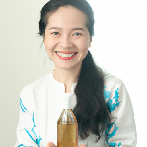 Người cầm chai Vạn Xuân Hộ Não Tâm với nụ cười trên môi.