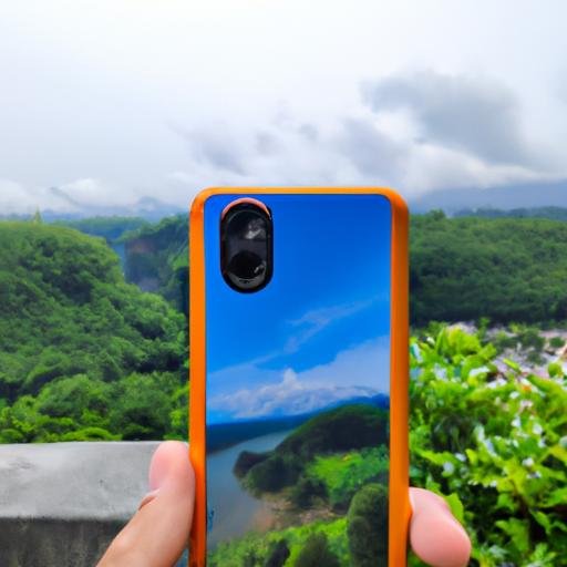 Bàn tay cầm chiếc Xiaomi Redmi Note 9, chụp ảnh một khung cảnh đẹp.