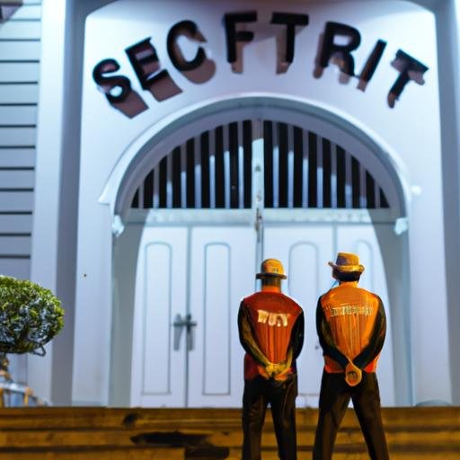 Hai nhân viên bảo vệ đang tuần tra tại khu vực bên ngoài một tòa nhà vào lúc khuya ở Hà Nội