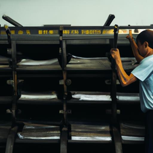 Quá trình in ấn của báo4 được thể hiện qua ảnh và nhân viên in ấn đang kiểm tra bản in nóng của báo