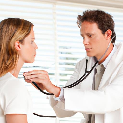 Bác sĩ trong áo khoác lab màu trắng khám bệnh cho bệnh nhân với ống nghe trong phòng khám sạch sẽ và sáng sủa