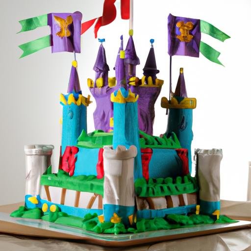Bánh sinh nhật hình lâu đài với nhiều tòa tháp và cờ