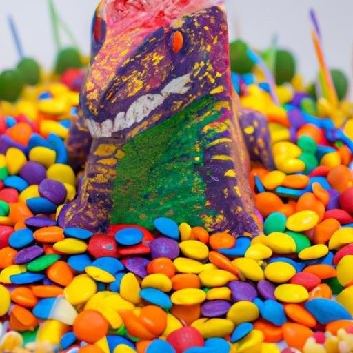 Bánh sinh nhật với hình khủng long và kẹo màu sắc