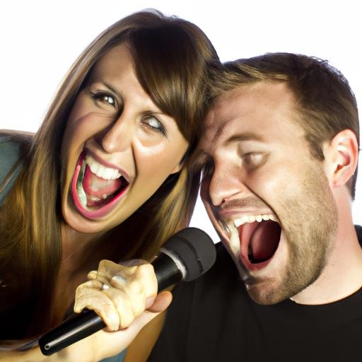 Một cặp đôi cười đùa và vui vẻ khi hát một bài hát karaoke vui nhộn.