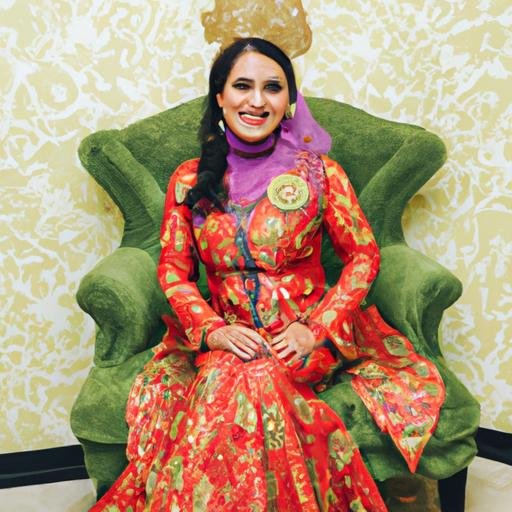 Chân dung một nữ hoàng mặc chiếc váy kebaya truyền thống của Malaysia ngồi trên ngai vàng