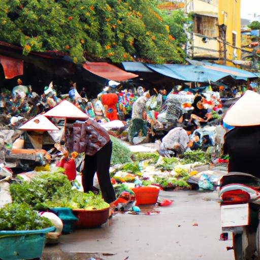 Phố chợ sôi động ở Phường Phước Bình, với những người bán hàng tươi sống và đám đông mua sắm nhộn nhịp.