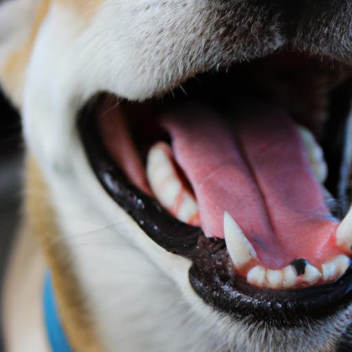 Chụp gần răng của chó khi nó cười nhe răng.