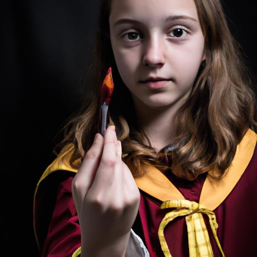 Cô bé mặc áo choàng Gryffindor và cầm cây đũa