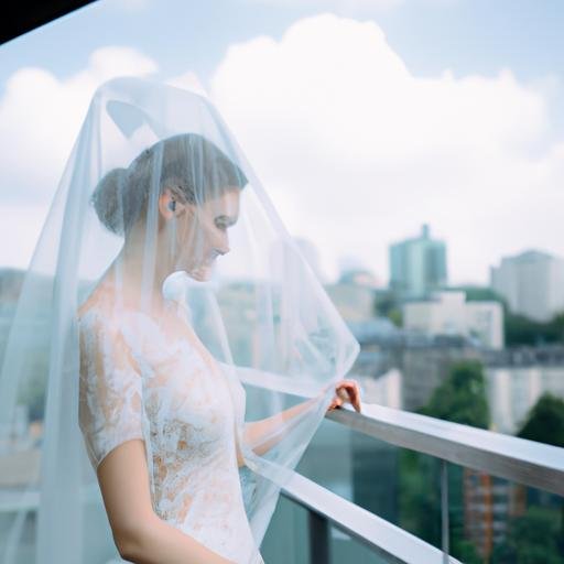 Cô dâu mặc chiếc váy ren và chiếc khẩu trang che mặt tôn lên vẻ đẹp sự lãng mạn trên ban công với khung cảnh phố thị