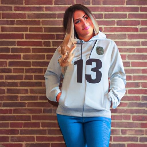 Một cô gái trẻ phong cách đang mặc áo khoác hoodie với họa tiết '13 91', đứng dưới tường gạch.
