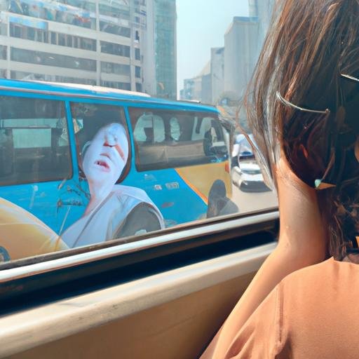 Cô gái trẻ nghe ca khúc 'Vì Anh Thương Em Nhạc Chuông' trên xe buýt và nhìn ra khung cảnh đô thị.