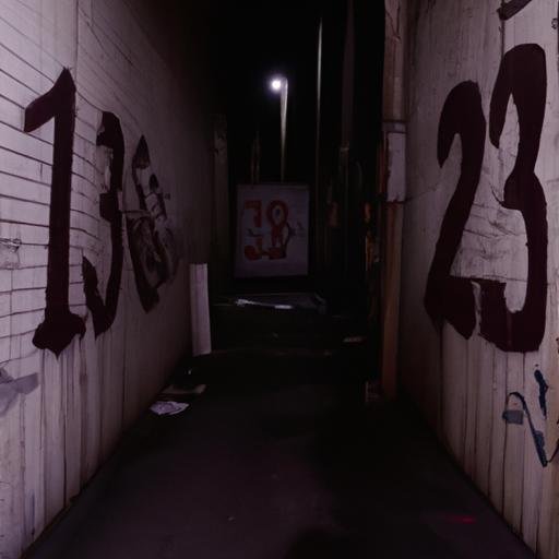 Con hẻm tối với bức tường phun graffiti ghép từ chữ '13 91'.