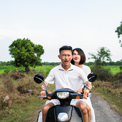 Một cặp đôi hạnh phúc trên chiếc xe máy magic của họ chạy qua khoảng cảnh miền quê.
