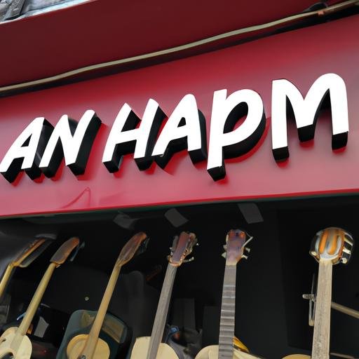 Cửa hàng đàn guitar với tấm biển 'Hợp Âm Anh Nhà'.