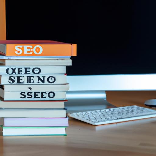 Một chồng sách với các tiêu đề liên quan đến SEO và tiếp thị trực tuyến trên một cái bàn cạnh một chiếc máy tính.