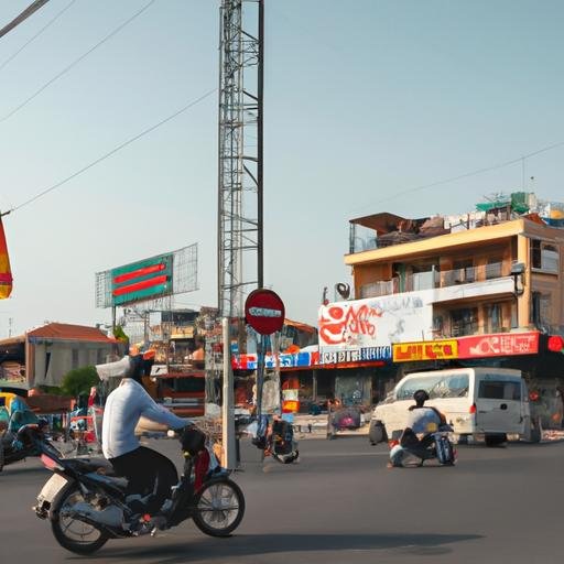 Giao lộ đông đúc ở Phường Phước Bình, với những chiếc xe máy, xe đạp và ô tô qua lại và những bảng quảng cáo và biển hiệu đầy màu sắc.