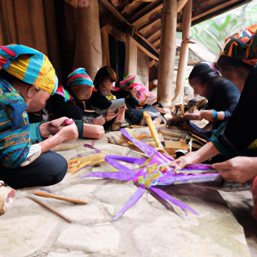 Một nhóm phụ nữ đang làm những sản phẩm thủ công truyền thống tại Ba Chẽ