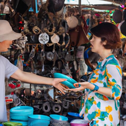 Hai khách hàng vui vẻ đàm phán giá cả với nhà bán hàng tại chợ Hòa Khánh Đà Nẵng