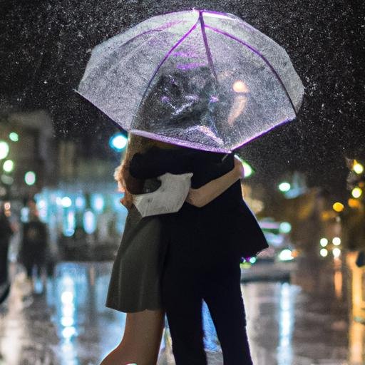 Hai người ôm nhau dưới ánh mưa rơi