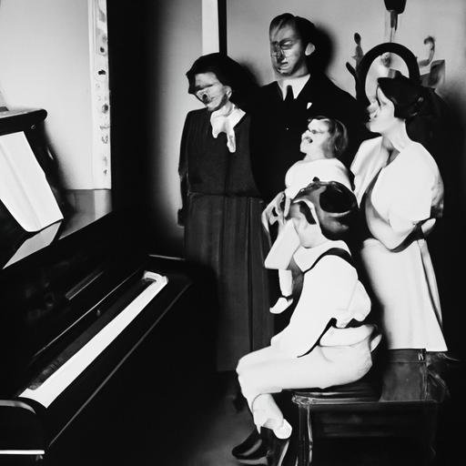 Một bức ảnh cổ đen trắng của gia đình đứng quanh cây đàn piano, cùng hát theo những bài hát yêu thích.