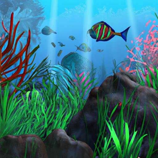 Hình nền 3D với cảnh dưới nước sống động, với cá, san hô và tảo biển.