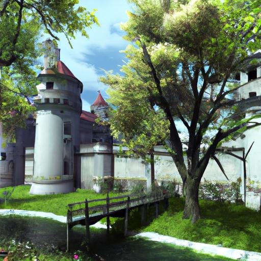 Hình nền 3D với lâu đài thời Trung cổ, bao quanh bởi hà cầu và cây xanh tươi tốt.