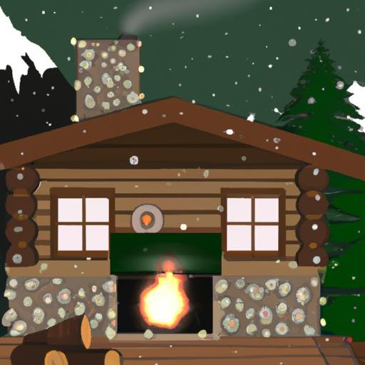 Ngôi nhà gỗ ấm cúng giữa rừng với lò sưởi sáng rực bên trong.