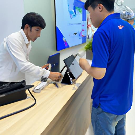 Nhân viên Samsung hỗ trợ khách hàng về yêu cầu bảo hành của họ ở Hải Phòng.
