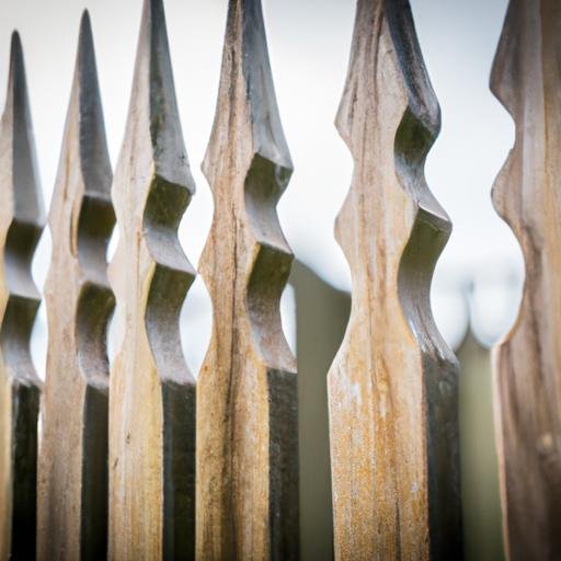 Gần cận chi tiết đồng họa tiết trên hàng rào gỗ tinh xảo.