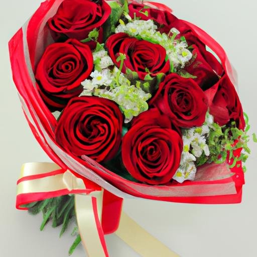 Bó hoa hồng đỏ được bọc bằng lớp ruy băng trắng kèm theo lá xanh