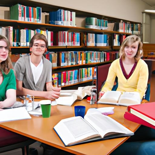 Nhóm học sinh cùng học tập tại thư viện, bên cạnh là các tủ sách.
