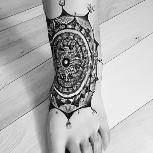 Hình xăm kín chân họa tiết Mandala đen trắng nổi bật
