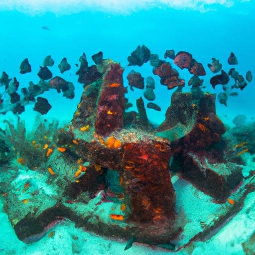 Hình ảnh một đàn cá bơi qua rặng san hô chứa đựng các di tích cổ xưa