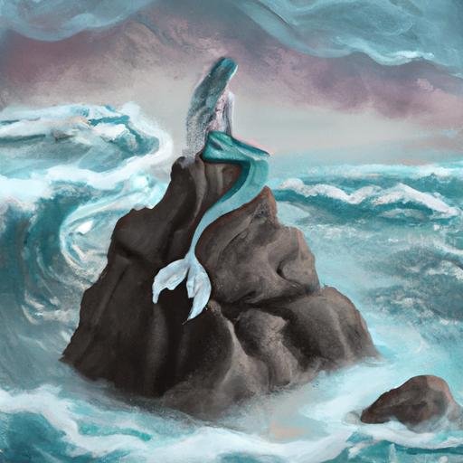 Hình ảnh nàng tiên cá ngồi trên một tảng đá giữa biển đang nổi bão