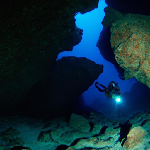 Hình ảnh người lặn khám phá hang động dưới đáy biển và chiếu sáng lên các đá cổ xưa