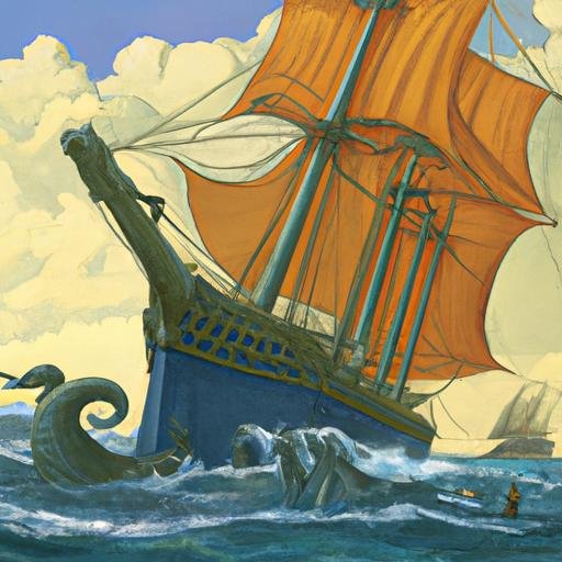 Minh họa về Leviathan vươn lên trên một chiếc tàu và những thủy thủ đang vật lộn để xoay chuyển hướng
