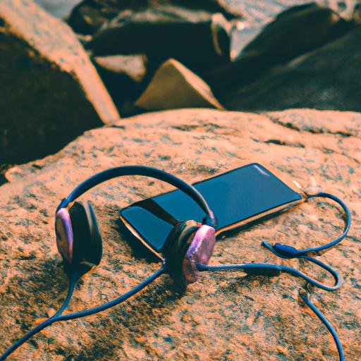 Tai nghe được cắm vào iPhone 7 hàng quốc tế đang nghỉ trên một bãi biển đá