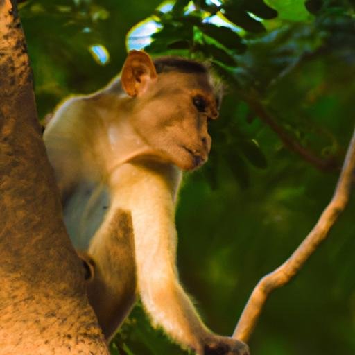 Khỉ ngồi trên cây, chòm ngó quan sát môi trường xung quanh